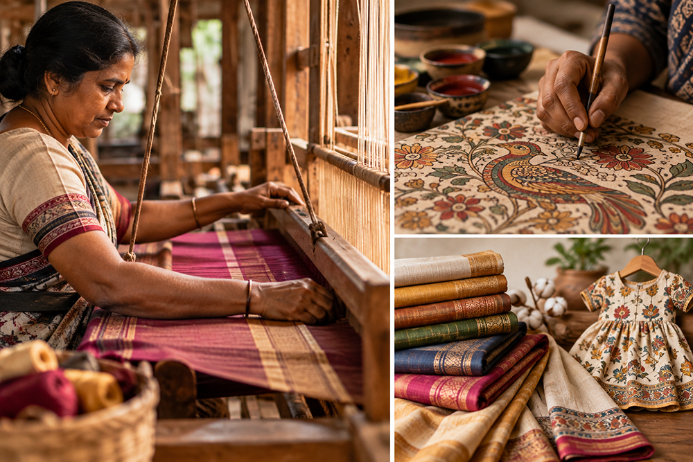 Handloom weaving on a traditional loom